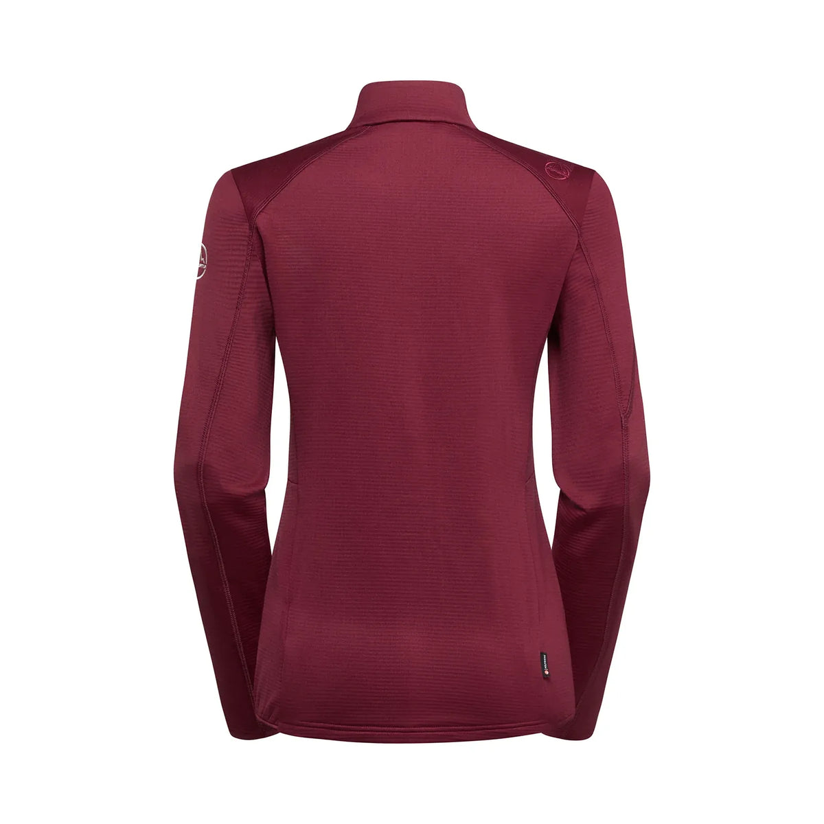 A women's long-sleeve athletic La Sportiva Chill Thermal full zip top shown from the back, in a deep burgundy color, on a plain white background.
