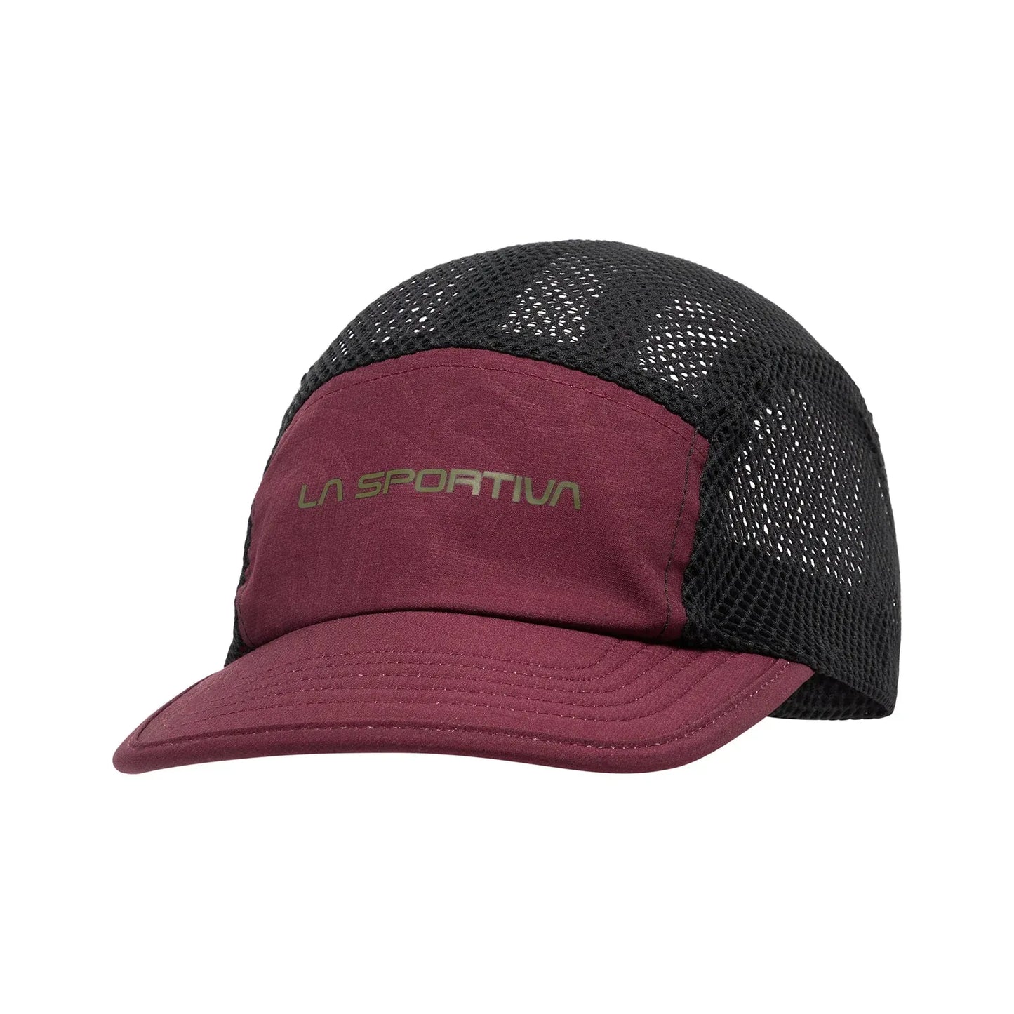 Maroon and black La A Sportiva running cap with mesh back on a white background