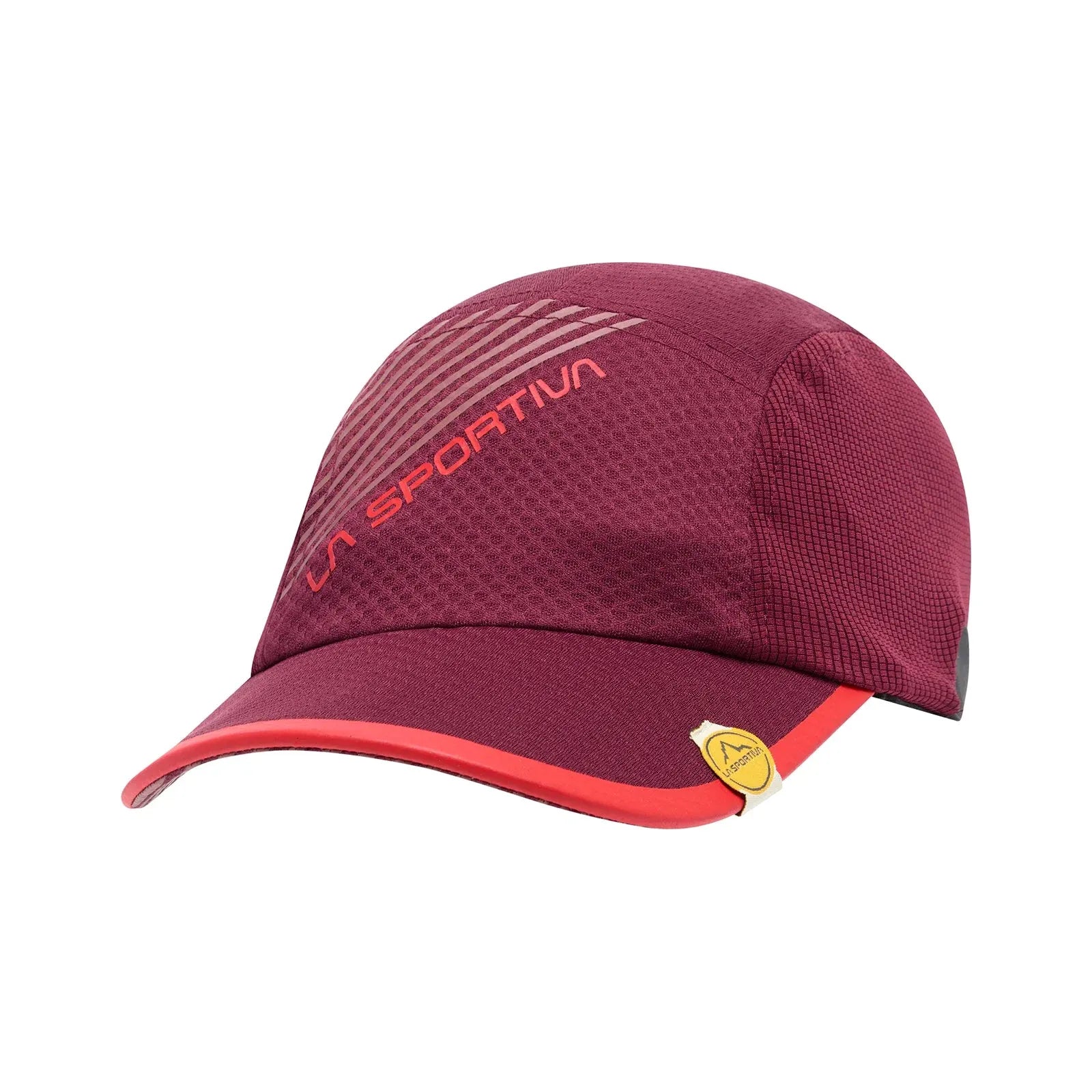 An angled profile view of the Redwood La Sportiva The Flow Technical Running Cap showcasing its breathable side mesh panels and 5-panel construction.
