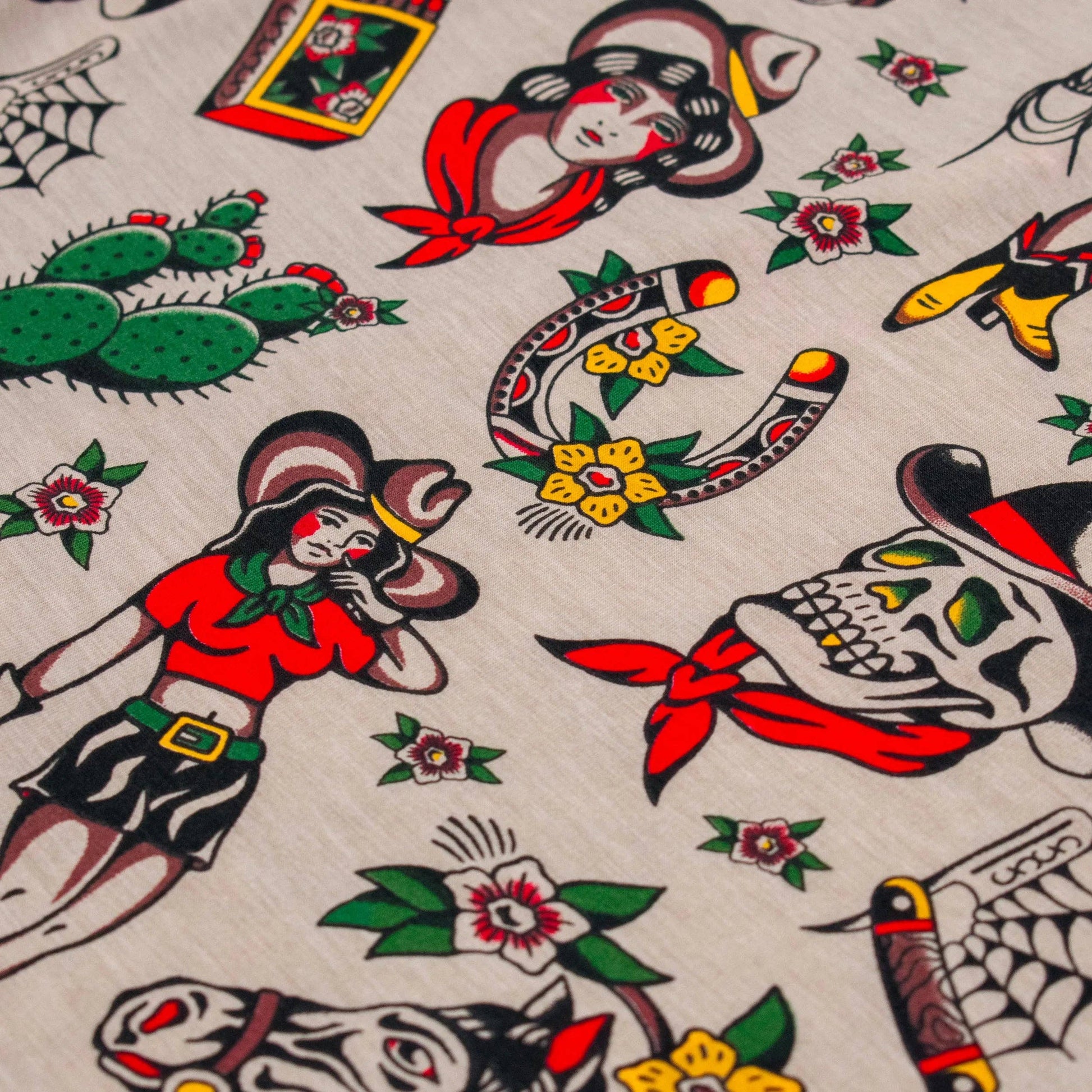Traditional tattoo flash design with colorful illustrations on a beige underwear background