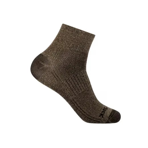 Side profile view of the Wrightsock Coolmesh II Quarter socks in Black Khaki highlighting the ankle cuff height and breathable top mesh panel.