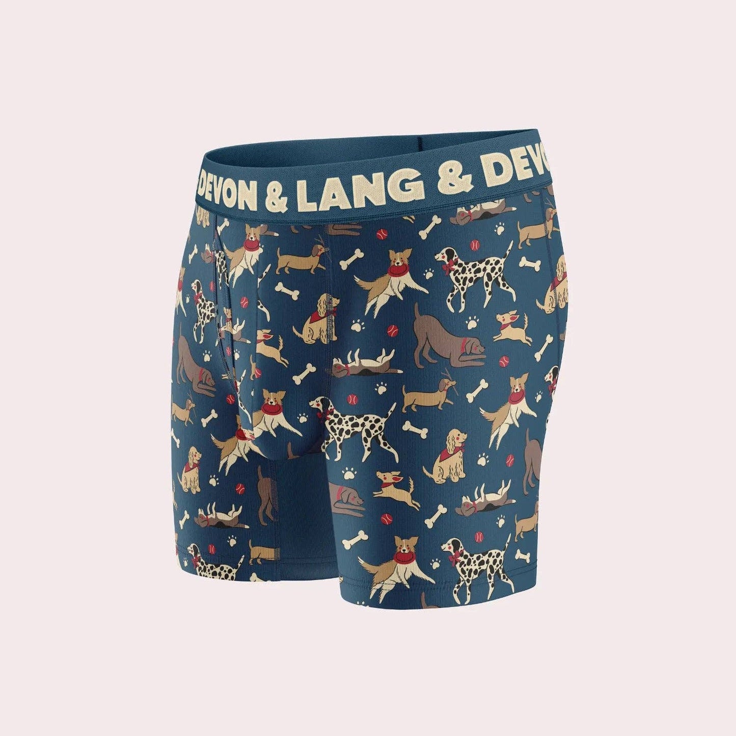 Devon & Lang Men's Venture 6 Inch Boxer Brief in Dog Park print with anti-chafing panels.