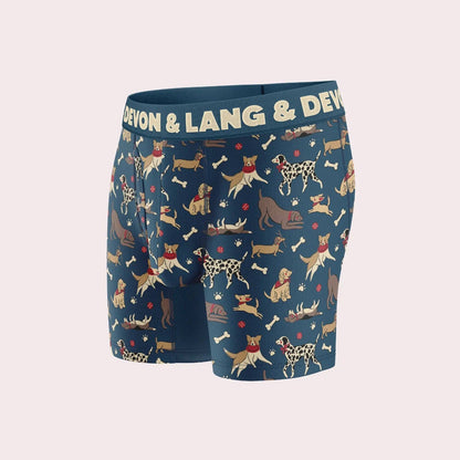 Devon & Lang Men's Venture 6 Inch Boxer Brief in Dog Park print with anti-chafing panels.