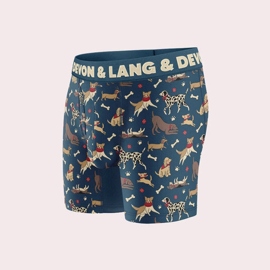 Devon & Lang Men's Venture 6 Inch Boxer Brief in Dog Park print with anti-chafing panels.
