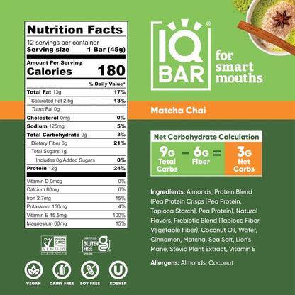 The back of an IQ Bar Matcha Chai snack package, showing the nutrition facts panel, ingredients list, and net carbohydrate calculation on a green background with an orange band.