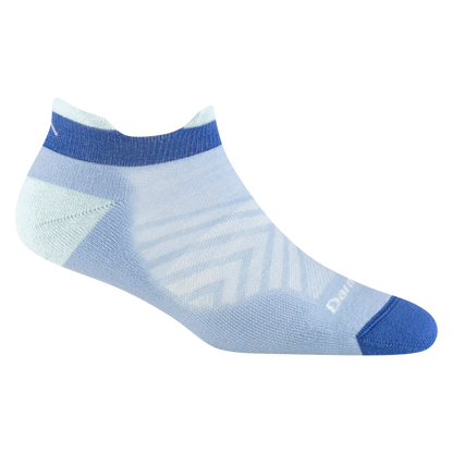 Darn Tough Light blue ankle running sock with dark blue accents on a white background