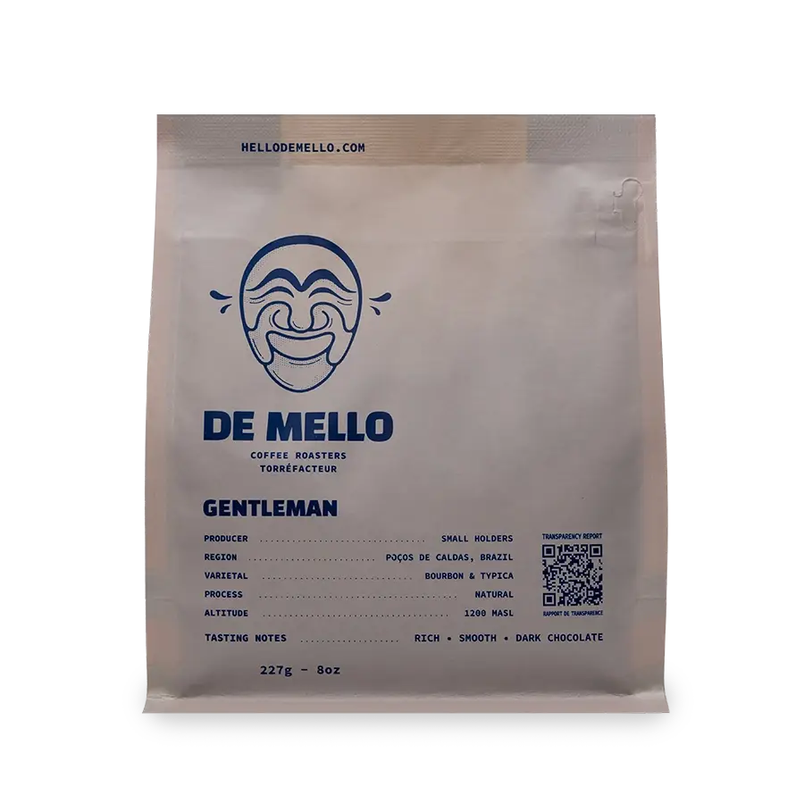 Gentleman Coffee bag from De Mello Coffee Roasters with branding and product details.