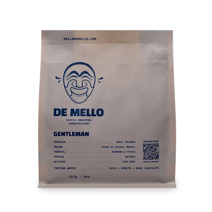 Gentleman Coffee bag from De Mello Coffee Roasters with branding and product details.