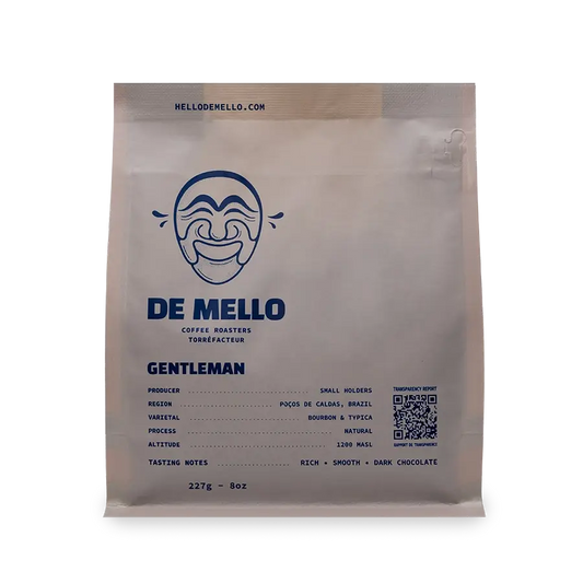 Gentleman Coffee bag from De Mello Coffee Roasters with branding and product details.