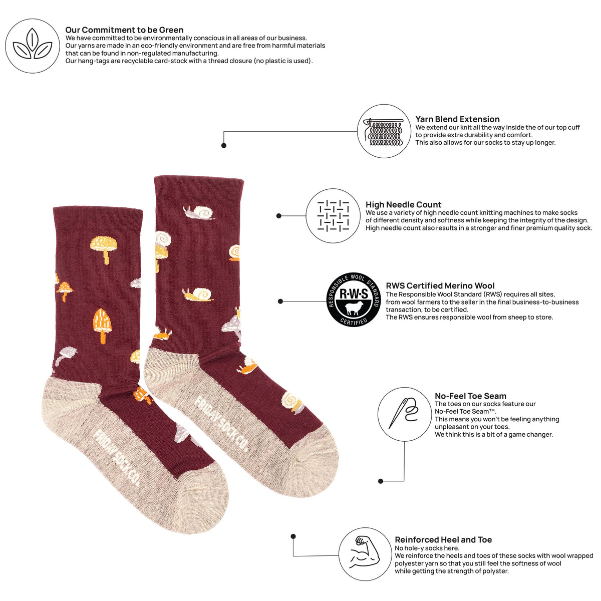 Friday Sock Co. Women's Mushroom Merino Wool Socks