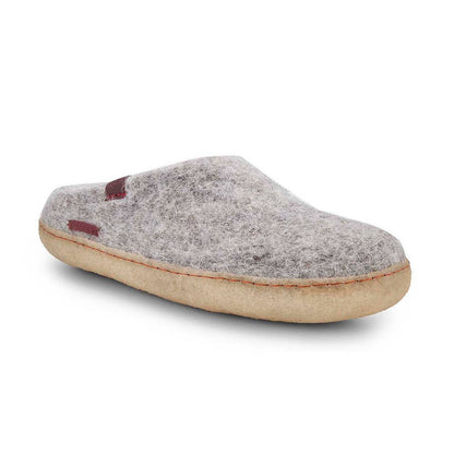 A single Betterfelt gray felt wool slipper with a natural beige rubber sole and small dark red leather accents, shown from a three-quarters angle on a white background.