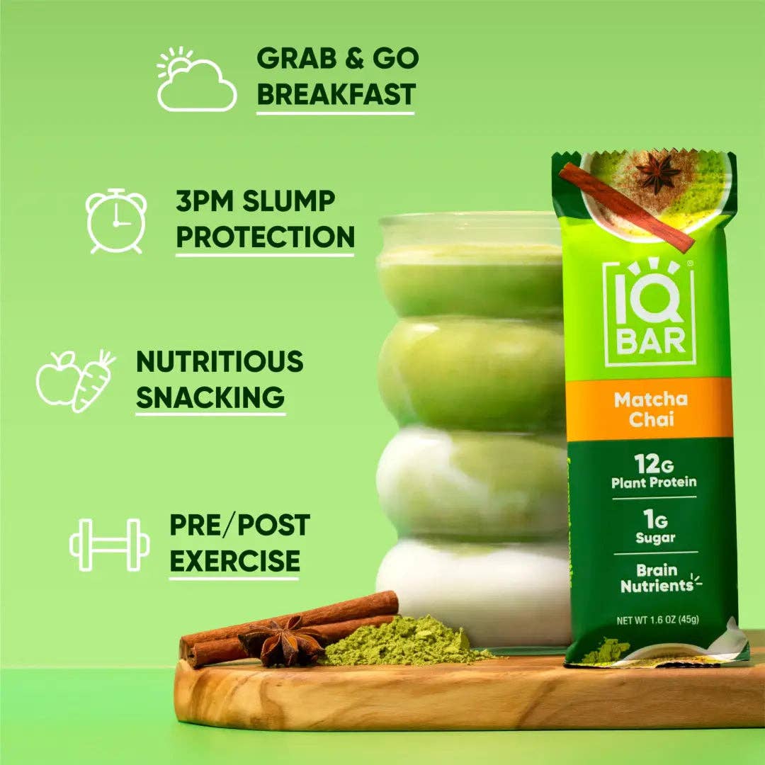 IQ Bar Matcha Chai snack bar on a green background with text about its benefits.