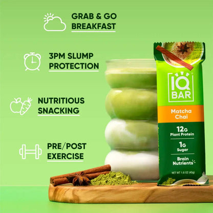 IQ Bar Matcha Chai snack bar on a green background with text about its benefits.