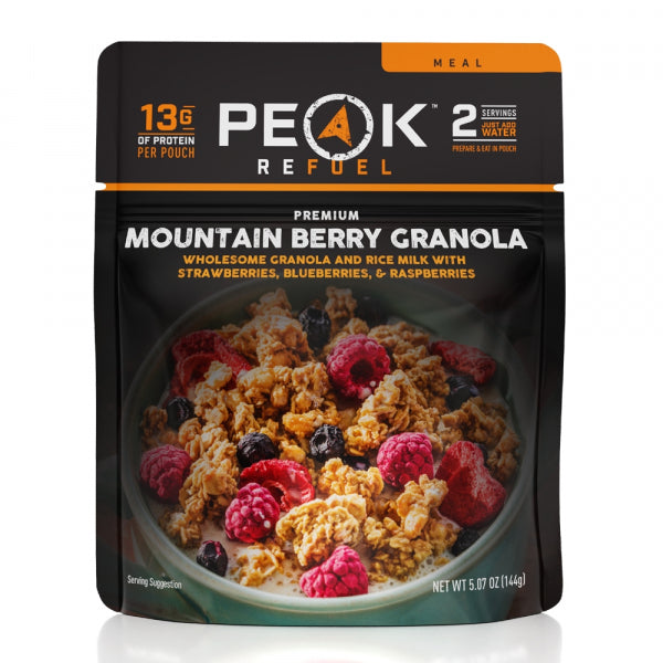 Peak Refuel Mountain Berry Granola packaging with a bowl of granola and berries on a white background