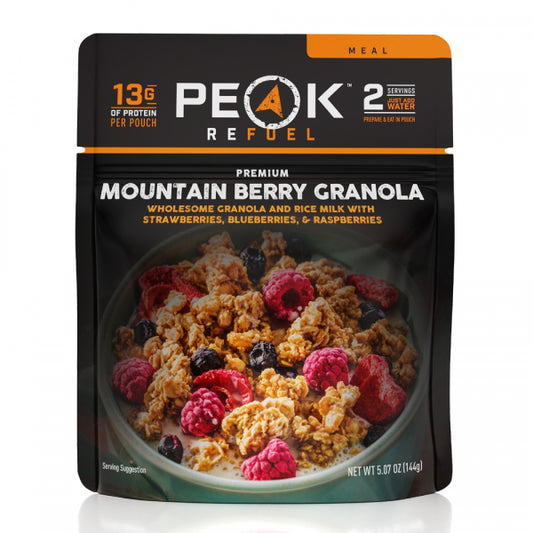 Peak Refuel Mountain Berry Granola packaging with a bowl of granola and berries on a white background