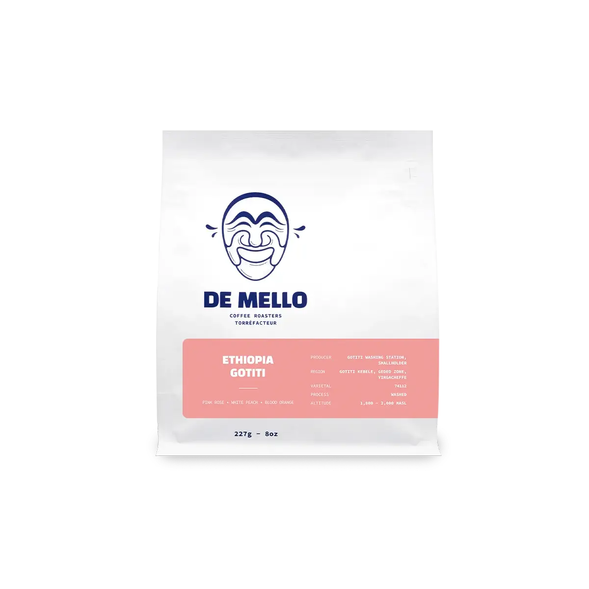 Bag of De Mello Ethiopia Gotiti single origin whole bean specialty coffee.