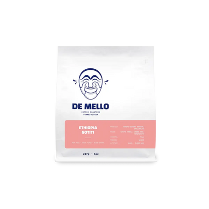 Bag of De Mello Ethiopia Gotiti single origin whole bean specialty coffee.