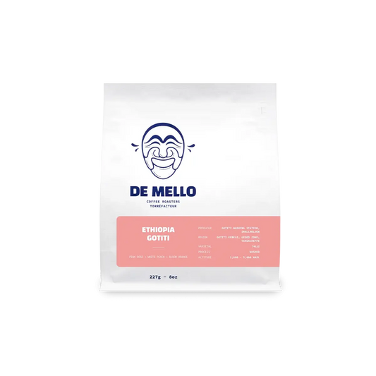 Bag of De Mello Ethiopia Gotiti single origin whole bean specialty coffee.