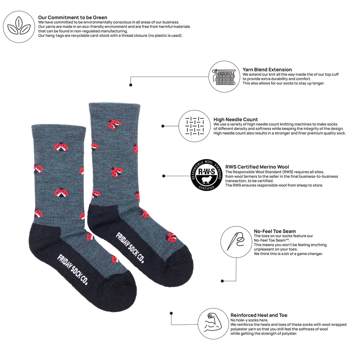 A product infographic for Friday SOCK CO. showing a pair of dark gray crew socks with red embroidered horse logos and text.