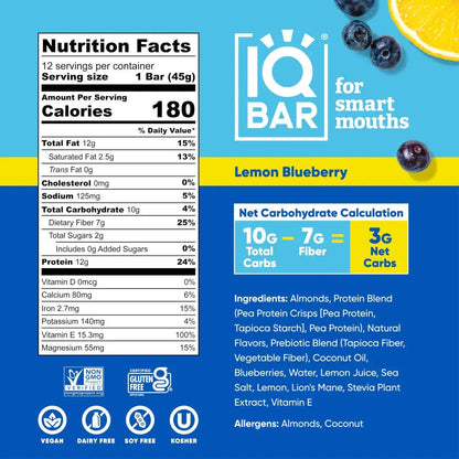 IQBAR Lemon Blueberry Brain + Body Protein Bar