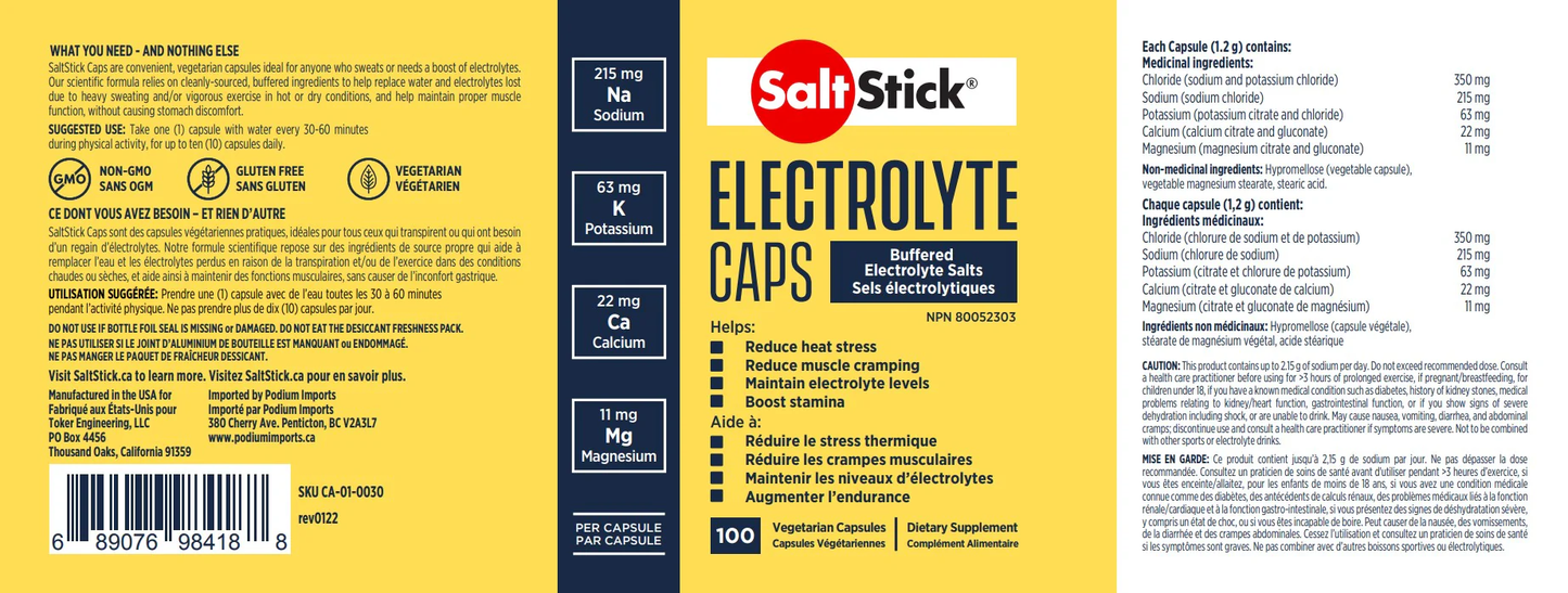 SaltStick Electrolyte Caps packaging with nutritional information on a yellow background