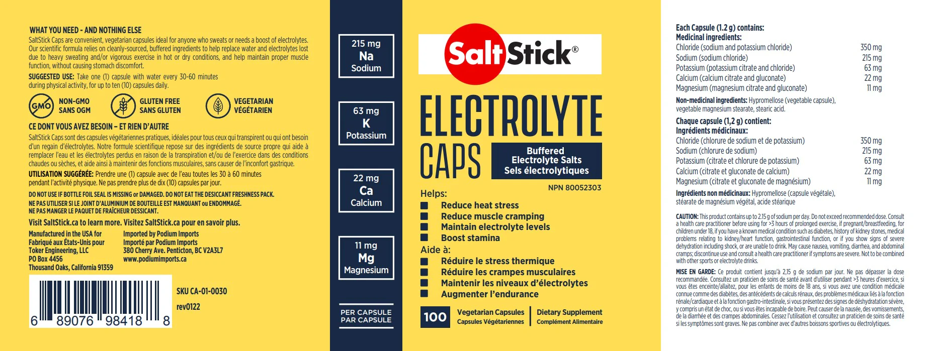 SaltStick Electrolyte Caps packaging with nutritional information on a yellow background