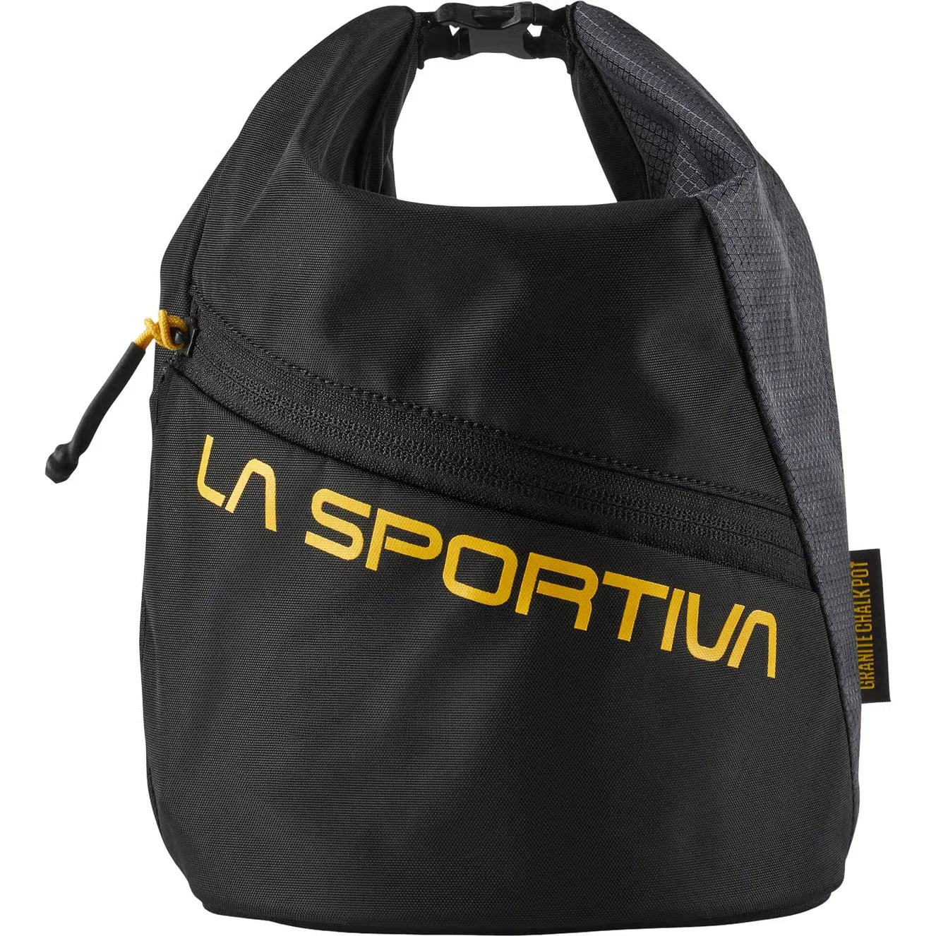 La Sportiva Granite Chalk Pot in Onyx/Black made of recycled Robic X-Grid fabric with magnetic roll-top closure.
