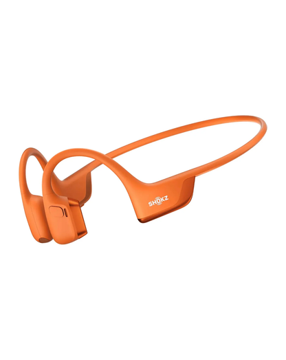 A pair of bright orange Shokz OpenRun Pro 2 bone conduction headphones on a white background