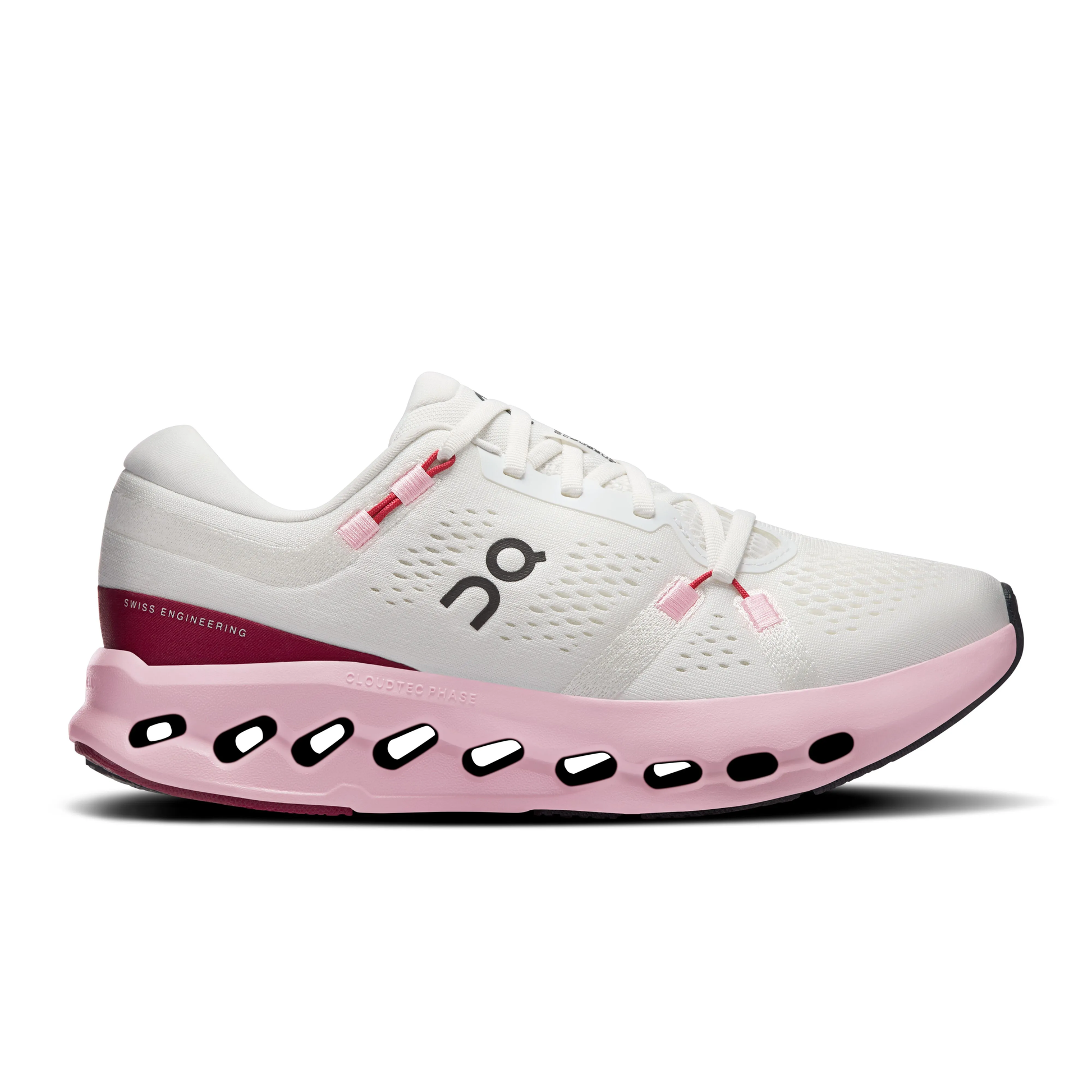 The Women's On Cloudsurfer 2 road running shoe, in white and pink with Phase midsole and breathable mesh upper.