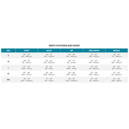 A sizing chart for men's Smartwool clothing, displaying a size table with columns for S, M, L, XL, and XXL, along with chest, waist, hip, arm length, and inseam measurements in inches and centimeters.