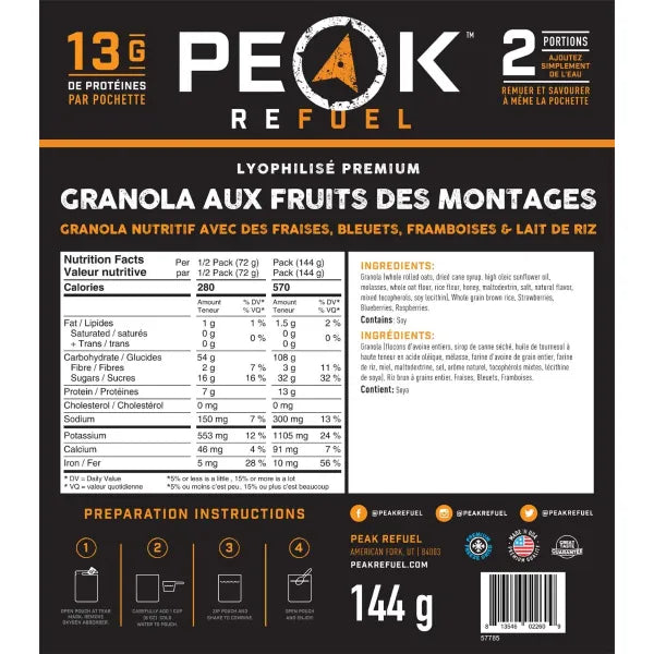 Peak Refuel granola packaging with nutritional information and preparation instructions.