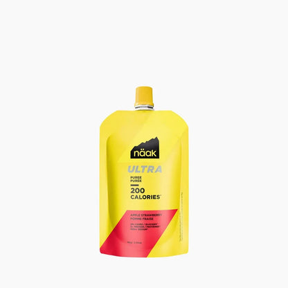 A yellow Naak Ultra pouch with a red and yellow label, featuring the text 'APPLE STRAWBERRY' and '200 CALORIES', on a solid white background.