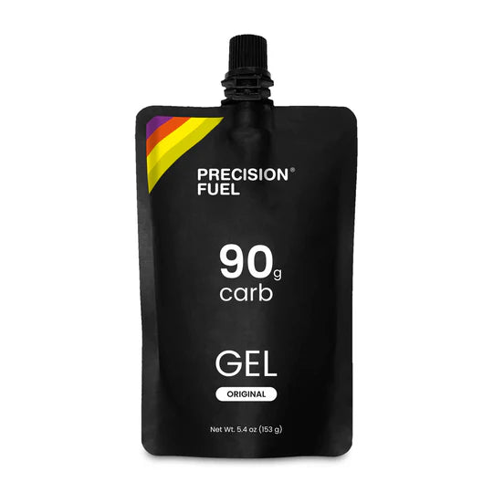 Black Precision Fuel PF 90 gel package with colorful label on a white background