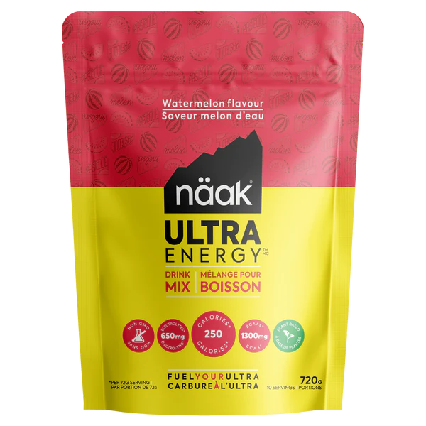 Näak Ultra Energy watermelon drink mix package with red and yellow design on a white background