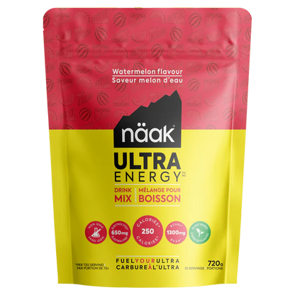 Näak Ultra Energy watermelon drink mix package with red and yellow design on a white background