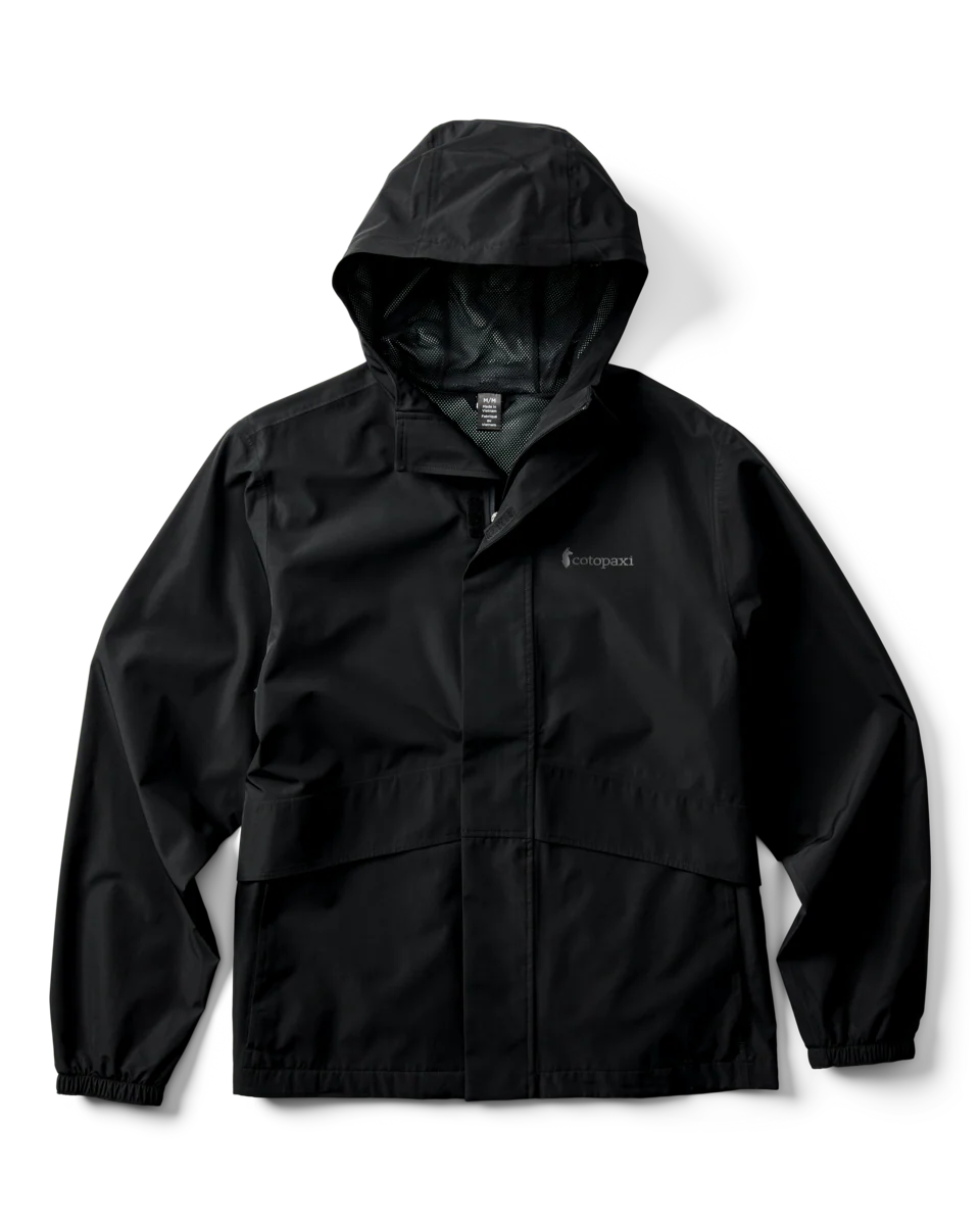 Front view of the Cotopaxi Men's Black Rayu Waterproof Rain Jacket showcasing the adjustable hood, elastic cuffs, and centre front storm flap.