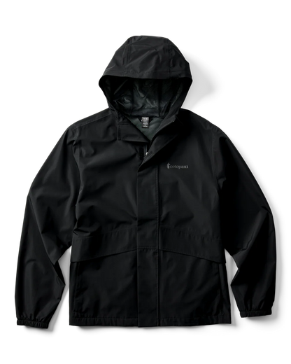 Front view of the Cotopaxi Men's Black Rayu Waterproof Rain Jacket showcasing the adjustable hood, elastic cuffs, and centre front storm flap.