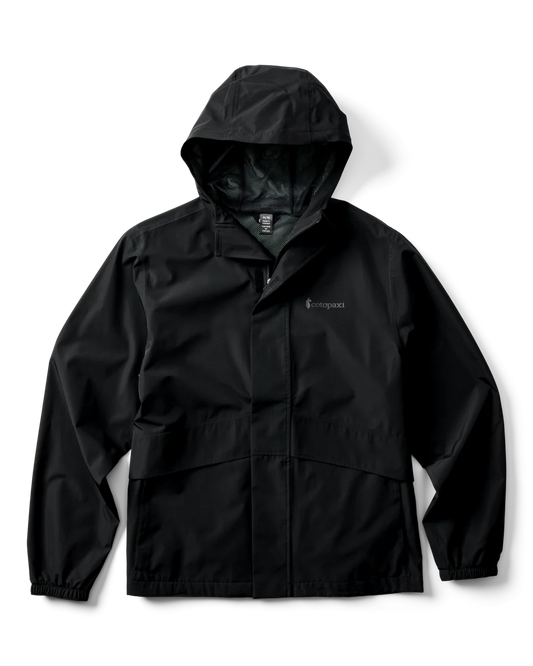 Front view of the Cotopaxi Men's Black Rayu Waterproof Rain Jacket showcasing the adjustable hood, elastic cuffs, and centre front storm flap.