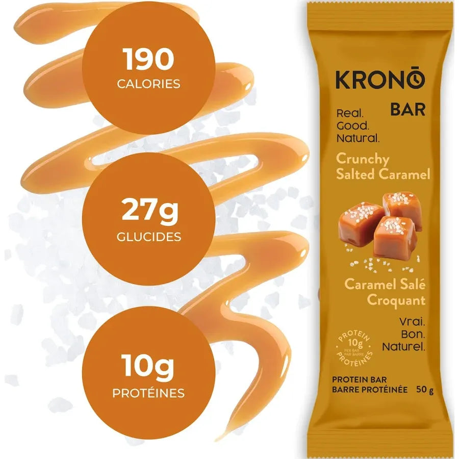 Krono Bar Crunchy Salted Caramel protein bar packaging with nutritional information on a white background