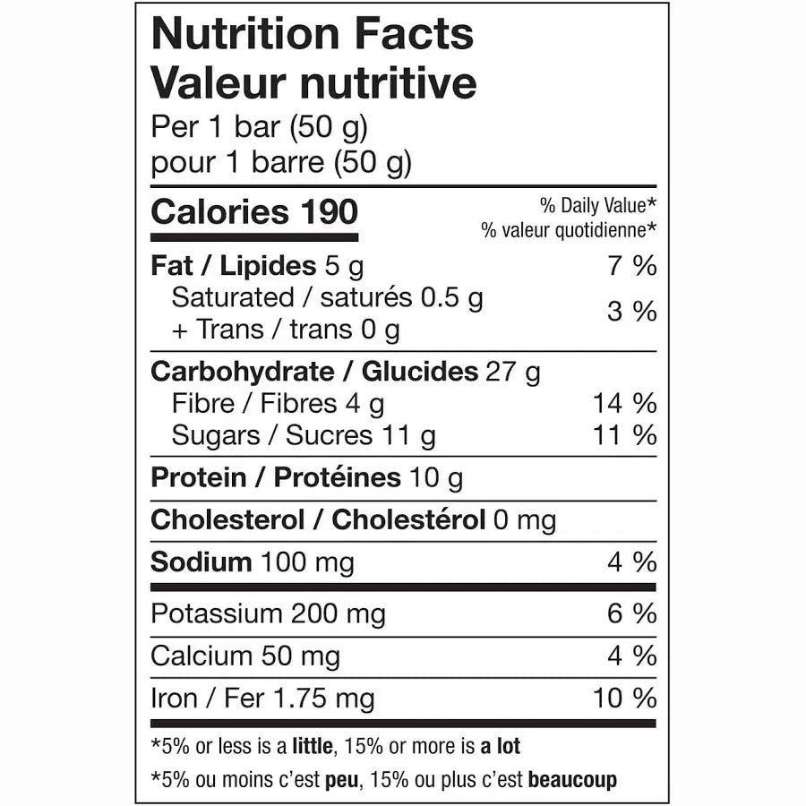 Nutrition facts label for Krono Crunch Salted Caramel recovery bars per 50g bar