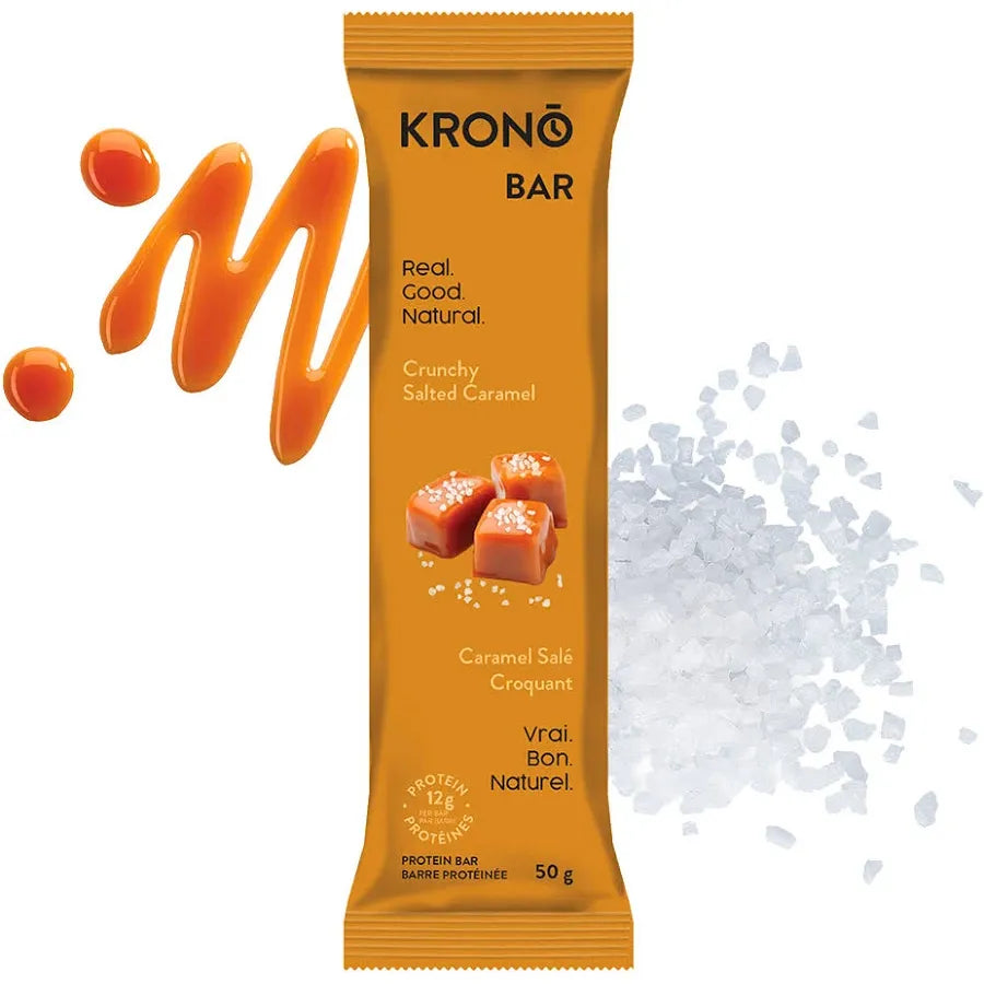 Krono Bar packaging for Crunchy Salted Caramel flavor on a white background