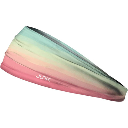 Gradient JUNK headband with pink to green color change on a white background