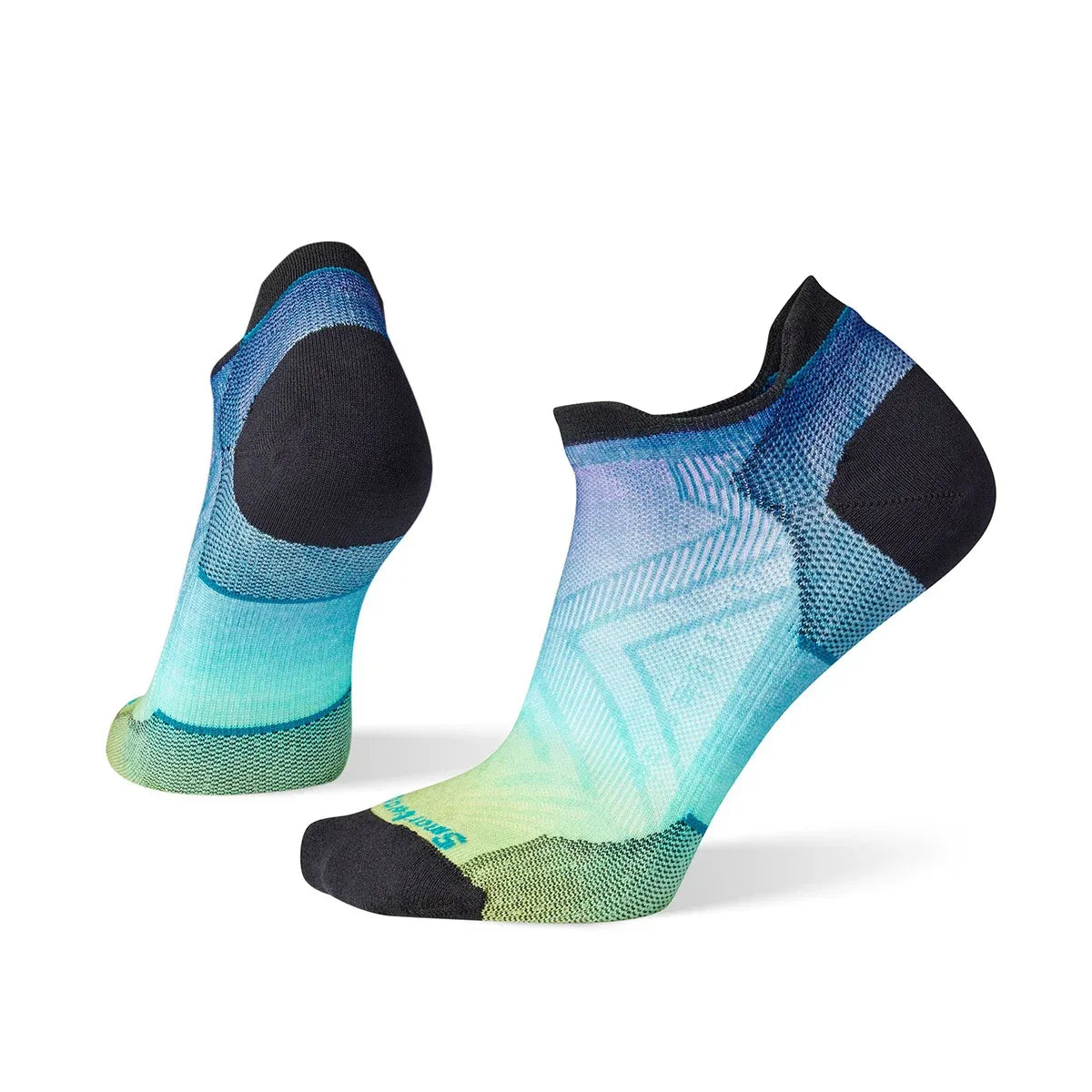 The Smartwool Women's Run Zero Cushion Ombre socks, highlighting the vibrant blue-green gradient design