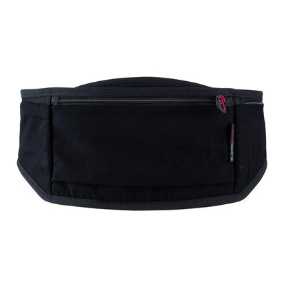 A black waist pack with a front zippered pocket and a small red and white Ultraspire brand tag on the right side, shown against a plain white background.