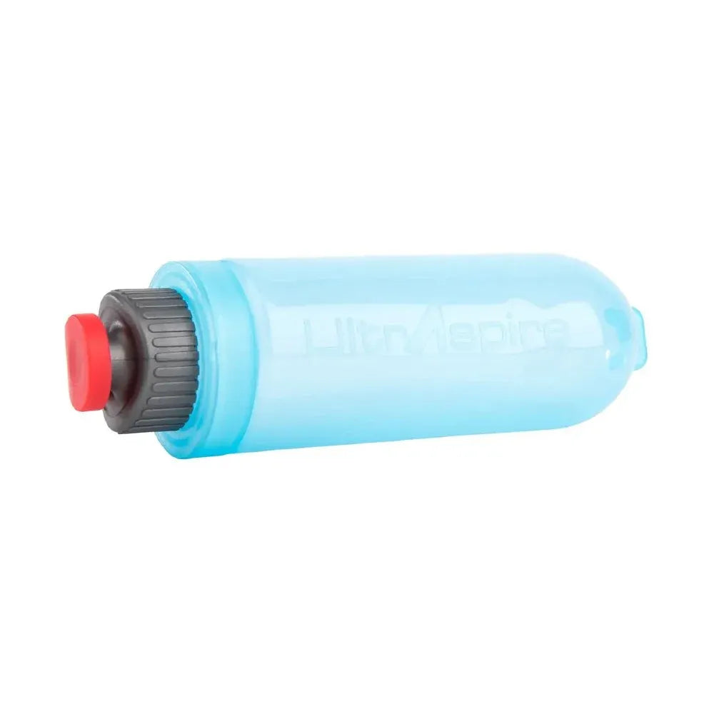 Blue cylindrical soft flask with a red cap on a white background