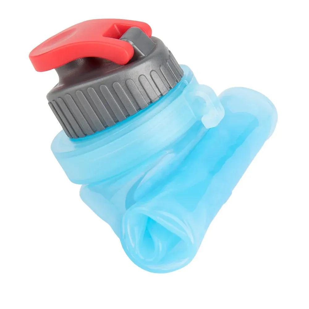 Blue silicone water bottle with red and black cap on a white background