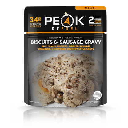 Peak Refuel Biscuits & Sausage Gravy package on a white background