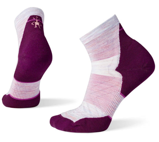 Pair of purple and pink Smartwool socks on a white background