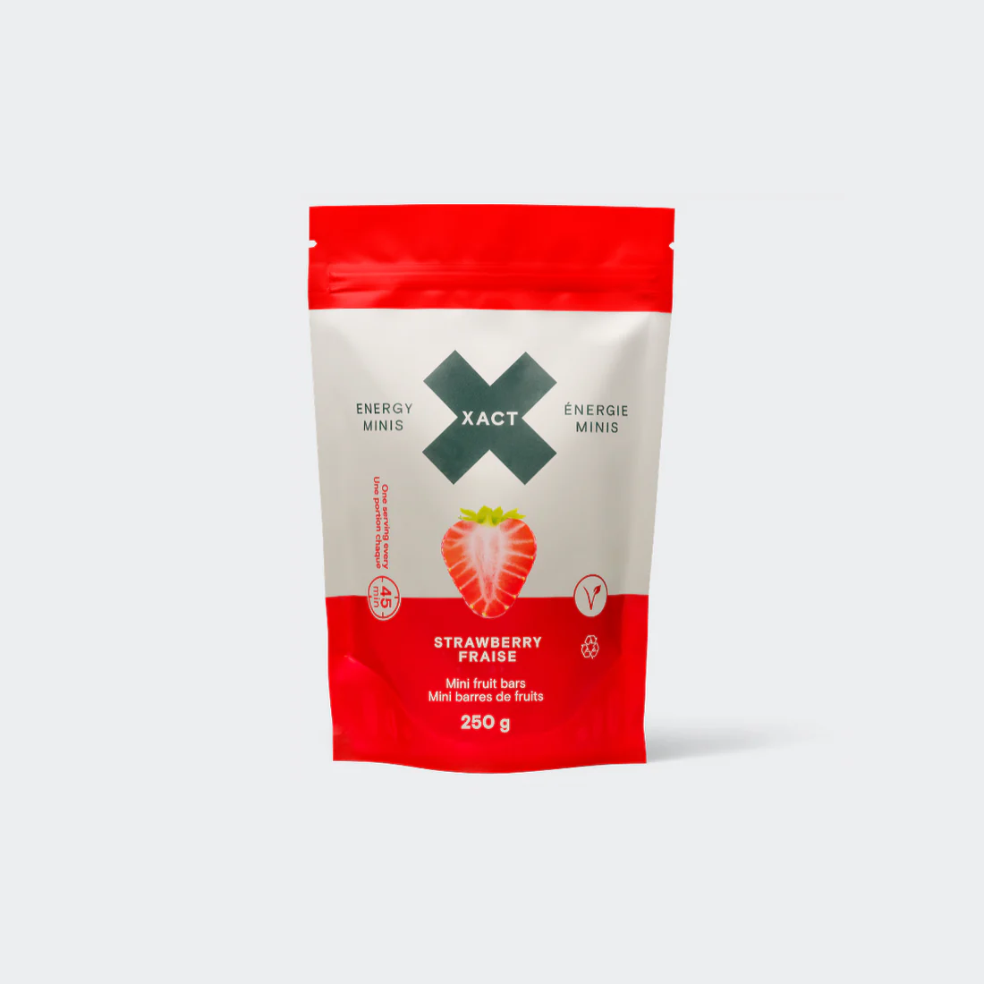 A 250g pouch of Xact Strawberry Energy Minis shown with bite-sized, soft strawberry fruit jelly chews ready for endurance fueling.