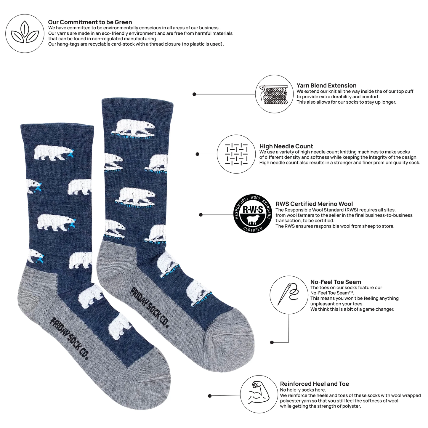 Polar Bear Merino Wool Socks Men's 7-12